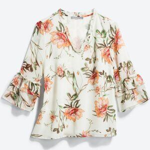 Daniel Rainn Liones Ruffle Trim Floral Women's Blouse - Cream and Orange